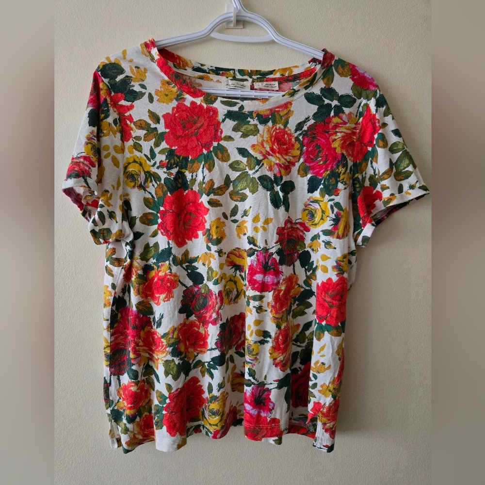 Anthropologie Meadow Rue M Red and Yellow Floral Short Sleeve Top